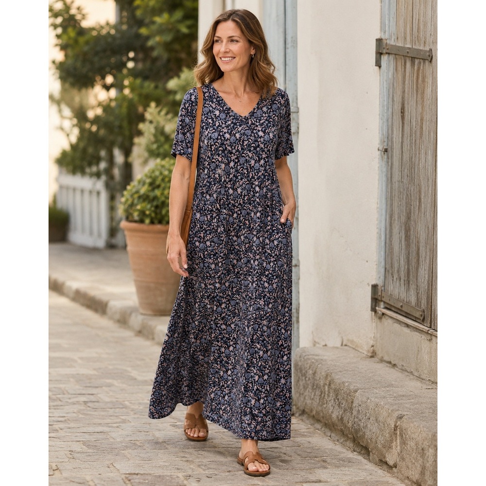 J. Jill Floral V-Neck Maxi Dress Cotton Tencel Knit Pocket Column Navy Blue M